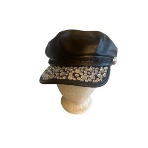 Black Faux Leather Rhinestone Embellished Baker Boy Hat Biker Moto One Size